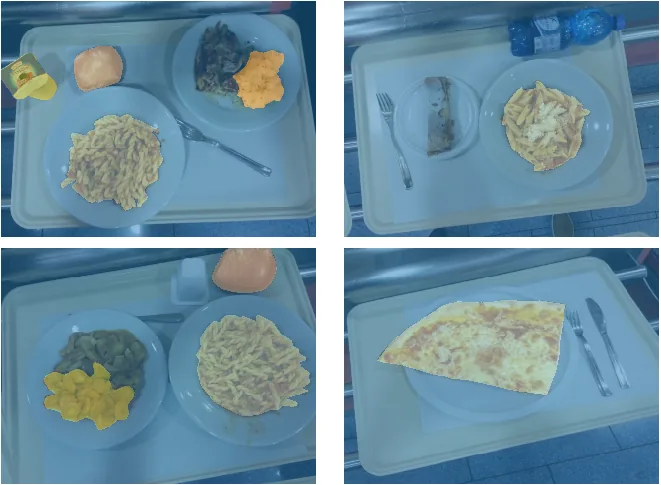 A sample batch of food tray images with segmentation masks overlaid
