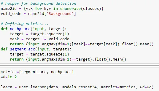 A fast.ai U-Net learner setup with a ResNet-34 backbone and segmentation metrics