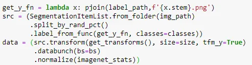 A short fast.ai code snippet loading image paths, masks, transforms, and a data bunch