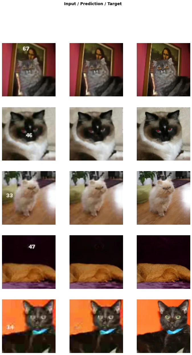 Five rows comparing degraded input images, generator predictions, and clean target photographs