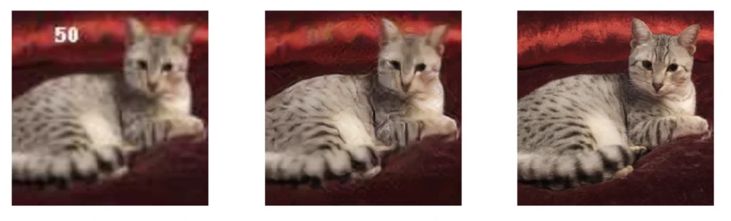 A degraded cat photograph with the number 50, the GAN-restored prediction, and the clean target image