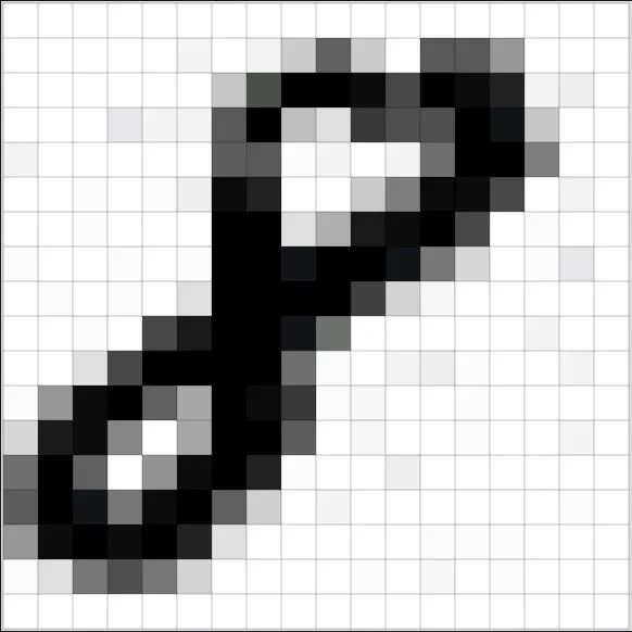 An enlarged MNIST digit eight showing its grid of grayscale pixel values